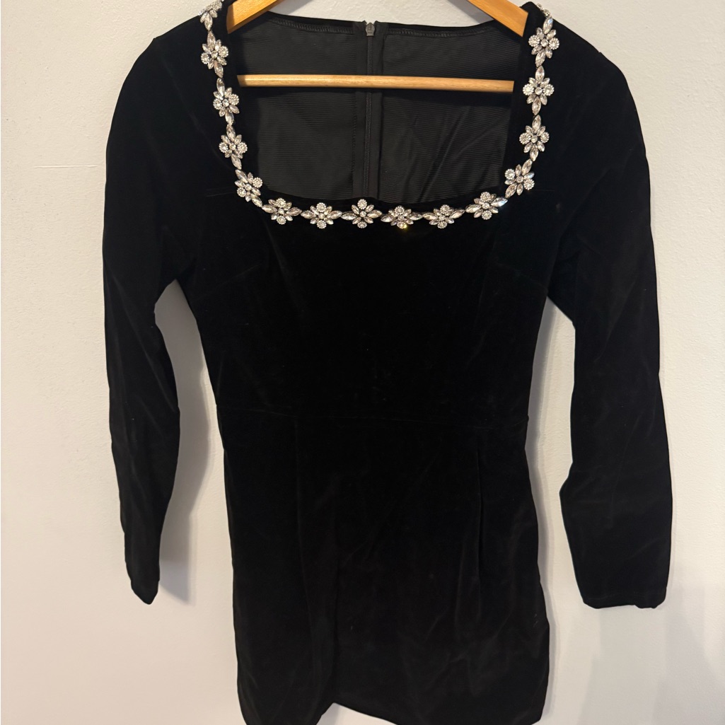 Black Velvet Mini Dress With Rhinestone Floral Neckline, Size Xs